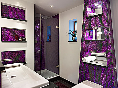 紫色,砖瓦,淋浴间,盆,卫生间,家,英国