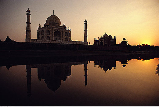 泰姬陵,反射,水上,日落,印度