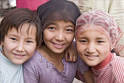 亚洲,中国,肖像,三个,女孩,种族,维吾尔族,丝绸之路