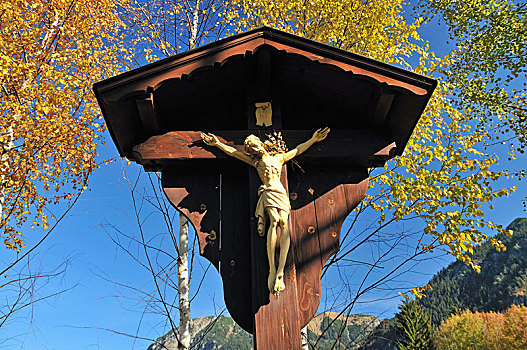路边,十字架,瞭望点,奥伯斯多夫,阿尔卑斯山,区域,巴伐利亚,德国,欧洲