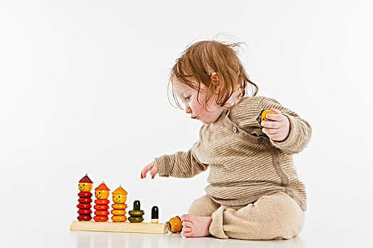 婴儿,女孩,玩,木质,堆积,玩具