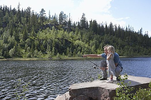 父亲,女儿,钓鱼,挪威