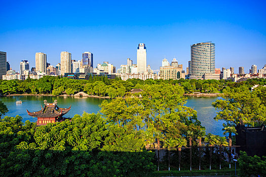 全景,俯瞰,马头墙,湖,城市,宽画幅,俯视