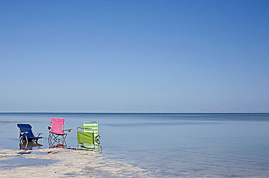 三个,沙滩椅,海滩