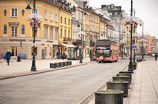 旅游,红色,双层巴士,华沙,公用,交通工具,两个,公交,旅行,注视,圣诞装饰,街上,波兰