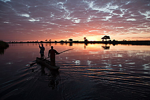 渔民,独木舟,船,日出,乔贝,河,纳米比亚