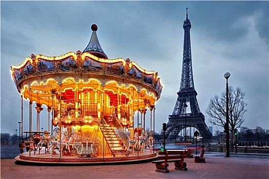 旧式,旋转木马,挨着,埃菲尔铁塔,巴黎