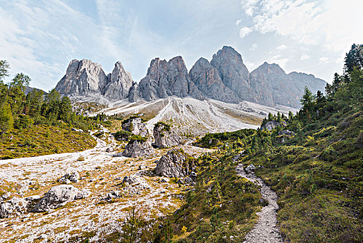 徒步旅行,山谷,仰视,后面,多,白云岩,南蒂罗尔,意大利,欧洲