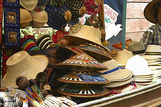帽子,市场货摊,水上市场,泰国