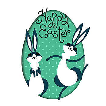 高兴,复活节,小兔,野兔,室内,涂绘,蛋,窗户,可爱,卡通,文字,贺卡,绿色背景,矢量,插画,问候