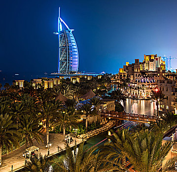 风景,光亮,帆船酒店,摩天大楼,迪拜,阿联酋,黄昏