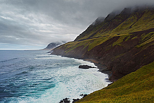 雾,上方,悬崖,冰岛,海岸,大西洋,海洋,东北方