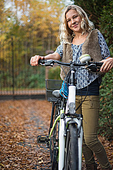 女孩,头像,拿着,自行车,秋天,公园