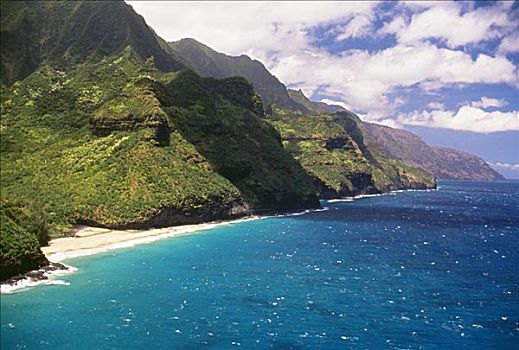 夏威夷,考艾岛,俯视,拿帕里海岸,海岸线,绿色,悬崖,隔绝,海滩