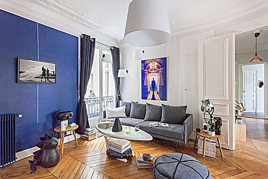 复古,客厅,蓝色,墙壁,整修,时期,公寓