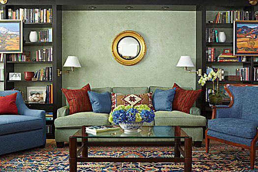老式,扶手椅,现代,沙发,墙壁彩绘,黑色,木质,合适,架子