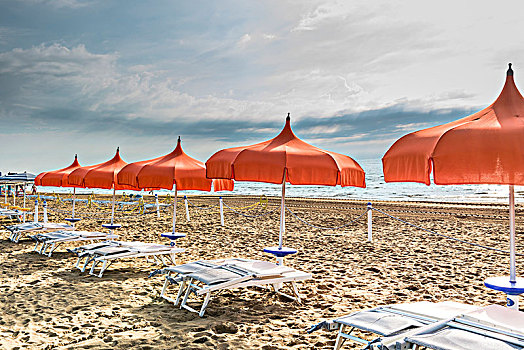 风景,海洋,排,橙色,沙滩伞,沙滩椅,海滩