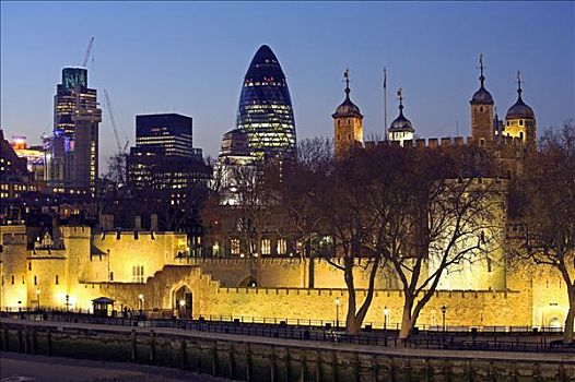 伦敦塔,写字楼,金融区,城市,后面,征服者威廉,上方,世纪,今日,旅游胜地,建筑