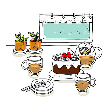 蛋糕,茶杯,盆栽,背景