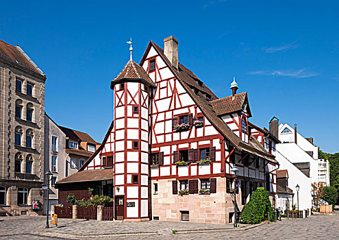 历史,半木结构房屋,纽伦堡,中间,弗兰克尼亚,巴伐利亚,德国,欧洲