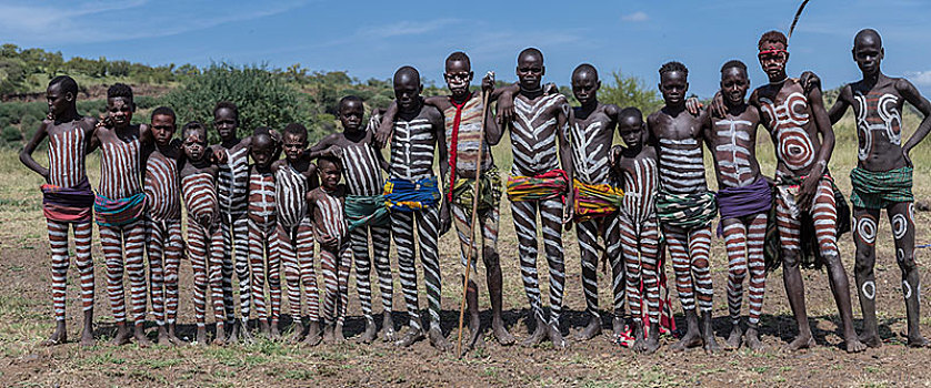 群体,图片,男孩,男青年,特色,身体,部落,摩西族,南方,区域,埃塞俄比亚,非洲