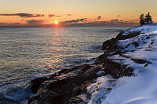 日出,上方,大西洋,海洋,冬天,风景,靠近,纵帆船,迎面,阿卡迪亚国家公园
