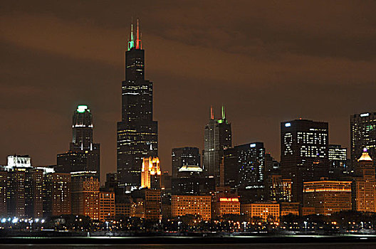 天际线,黄昏,左边,塔楼,芝加哥,伊利诺斯,美国,北美