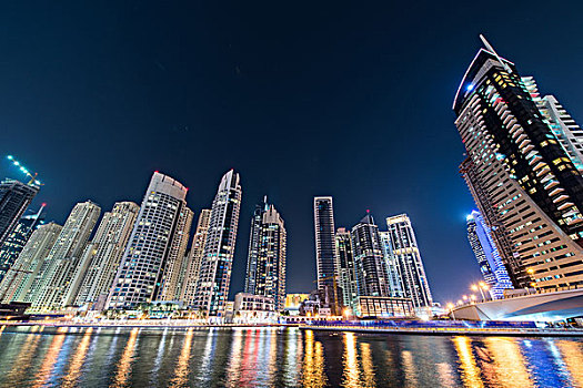 迪拜,码头,摩天大楼,夜晚,钟点