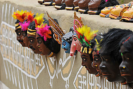 多样,面具,售出,2008年,北印度,拿,靠近,德里,民族舞,工艺品,很多,有趣,印度,二月