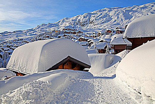 乡村,风景,积雪,木制屋舍,贝特默阿尔卑,阿莱奇地区,瓦莱,瑞士,欧洲
