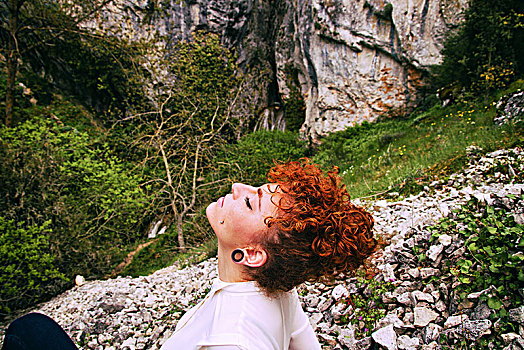 年轻,红发,女人,享受,自然