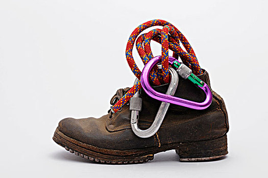 老,山,靴子,脚底,铁,高跟鞋,攀登,绳索,竖钩