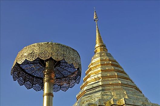 金色,塔,契迪,伞,象征,幸运,寺院,清迈,泰国,东南亚