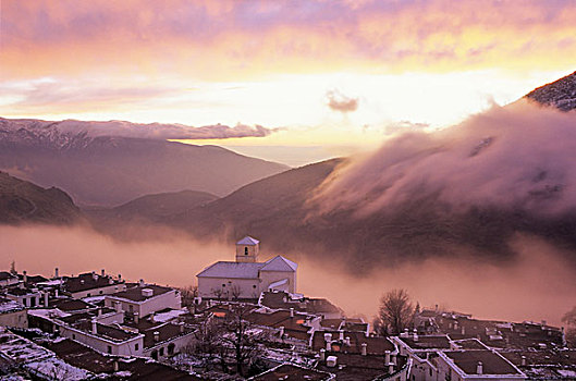 高处,峡谷,特色,建筑,公寓,屋顶,冬天,晚间,格拉纳达省,安达卢西亚,西班牙,欧洲