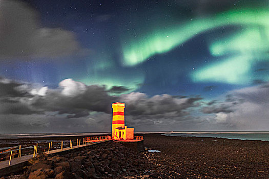 北极光,灯塔,雷克雅奈斯,半岛,冰岛