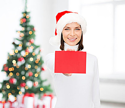 圣诞节,人,广告,销售,概念,高兴,女人,圣诞老人,帽子,留白,红牌,上方,客厅,圣诞树,背景
