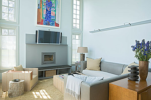 沙发,面对,壁装式,电视,现代,起居室