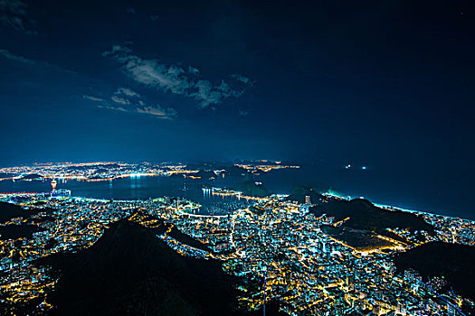 俯拍,博塔福戈,湾,光亮,夜晚,里约热内卢,巴西