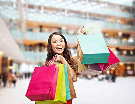 销售,礼物,休假,人,概念,微笑,女人,彩色,包,上方,购物中心,背景