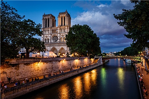 女人,巴黎,大教堂,塞纳河,晚上,法国