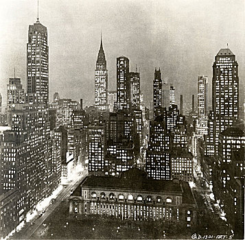 天际线,夜晚,公共图书馆,克莱斯勒大厦,背景,纽约,美国,30年代