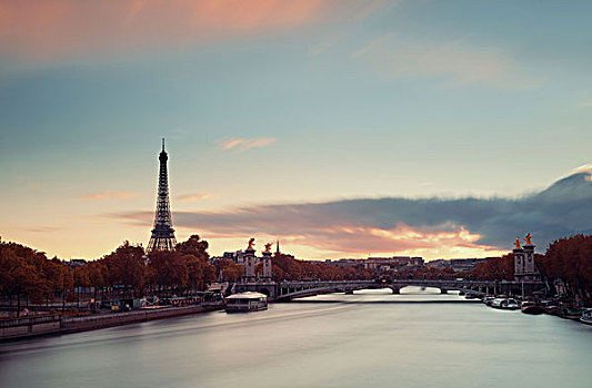 巴黎,塞纳河,埃菲尔铁塔,亚历山大三世,桥,日落