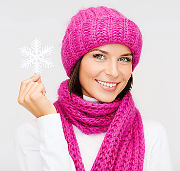 冬天,人,高兴,概念,女人,帽子,围巾,大,雪花