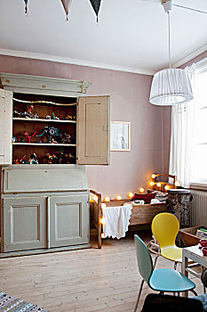 旧式,木质,床,彩灯,柜橱,现代,玩具,童房