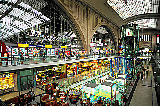德国,萨克森,莱比锡,法兰克福火车站,购物中心,火车站