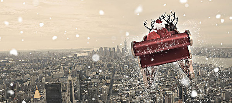 合成效果,图像,圣诞老人,飞,雪撬,纽约