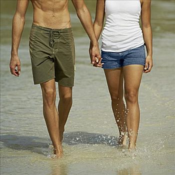 男青年,女青年,握手,走,海滩