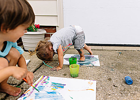 男孩,女孩,户外,铺路板,绘画