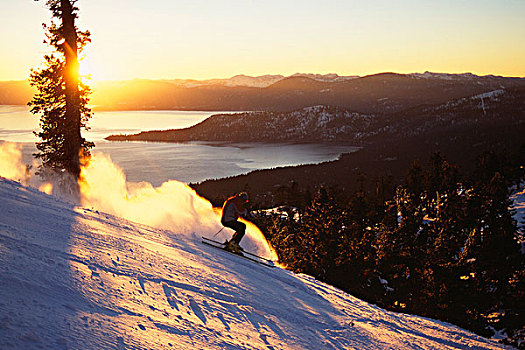 一个,男人,滑雪,粉状雪,高处,太浩湖,日落,顶峰,内华达