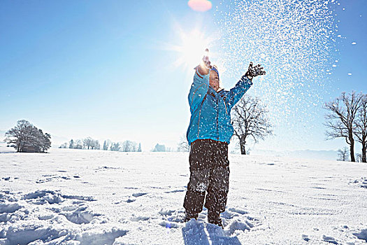 男孩,投掷,雪,空中